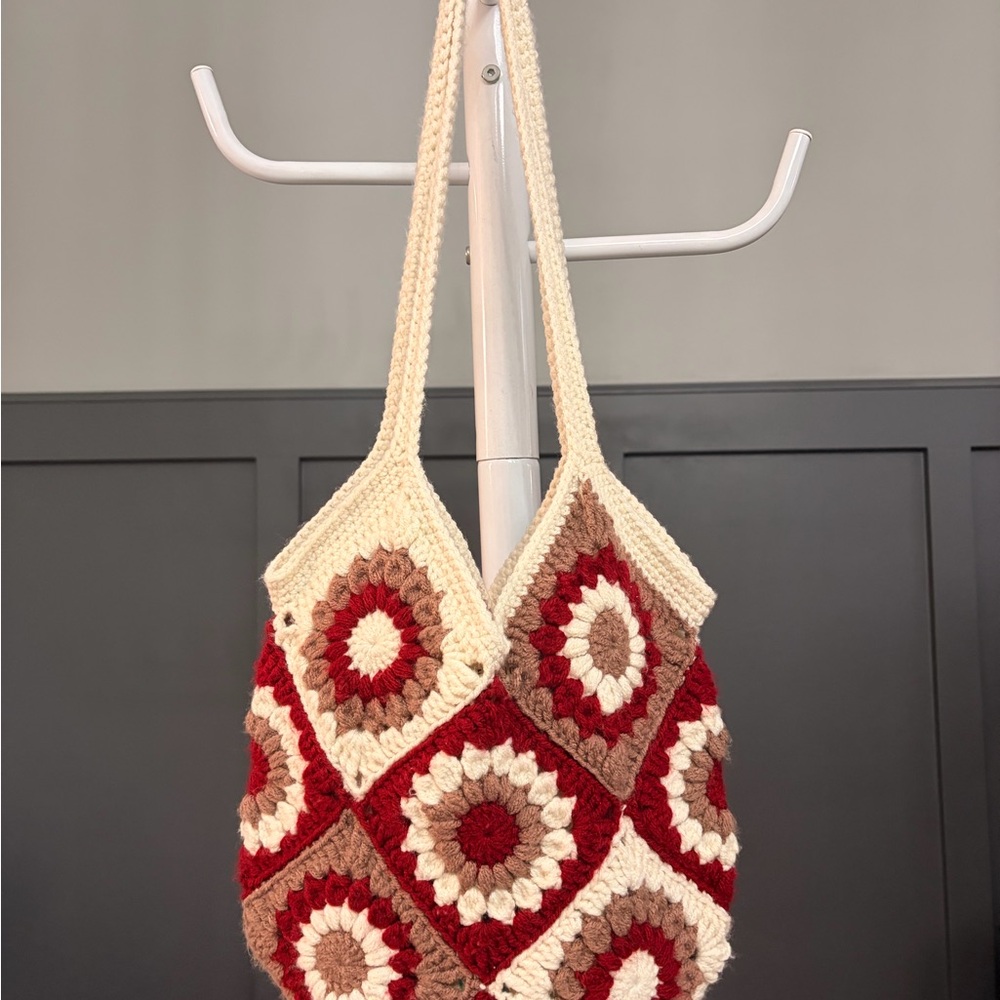 Handmade Crochet Tote Bag - Red Brown and Cream